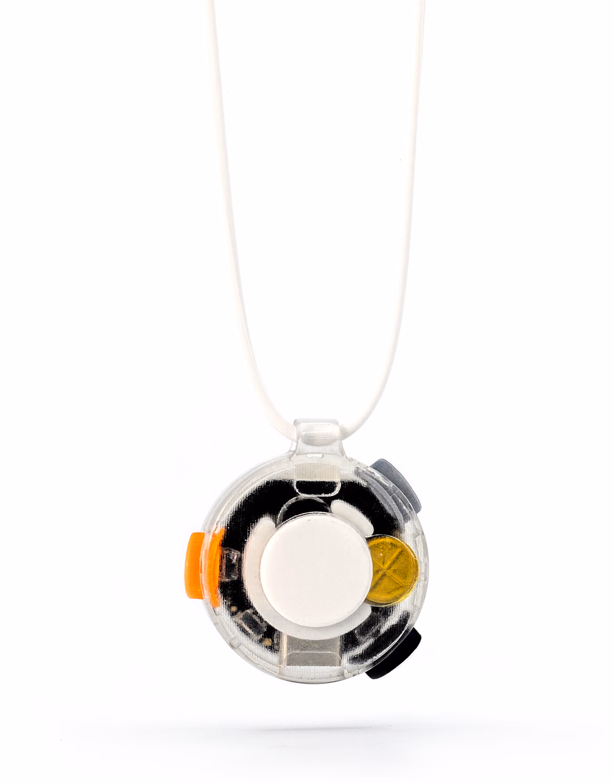 Getneuma Vox hanging on its fine cord: a small round device in a clear housing, its pale capture button, orange side control and skin-contact microphone visible through the case, lit against a white field.